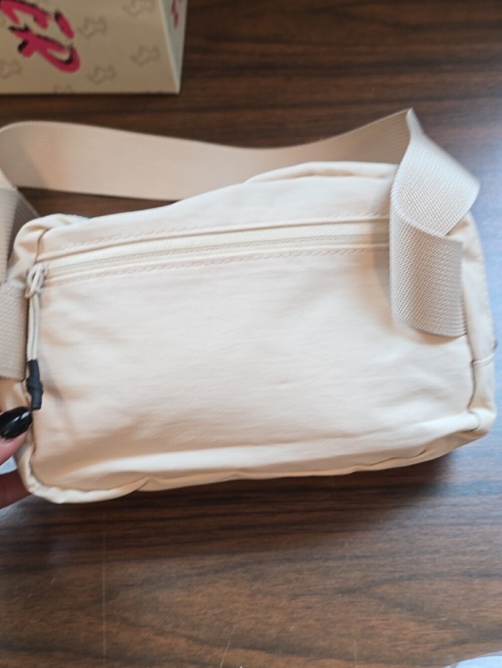 Beige Crossbody Fanny Pack with Pink Graphic Accent - Picture 3 of 6